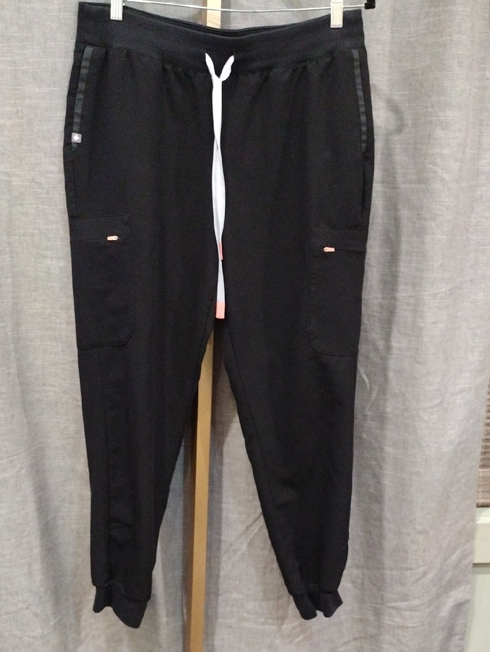 Figs Black Zamora Jogger Cargo Pants with Light Gray Drawstring and Pink Accents